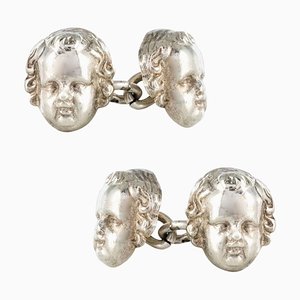 French 19th Century Sterling Silver Cherub Cufflinks, Set of 2-OLU-896506