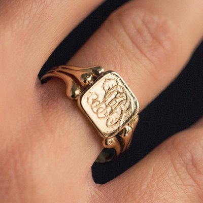 French 20th Century 18 Karat Yellow Gold Engraved Signet Ring-OLU-896804