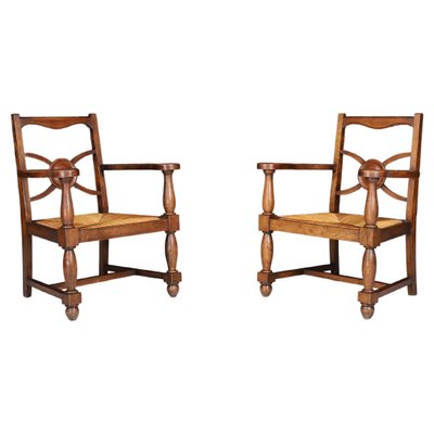 French Art Deco Armchairs in Oak and Rush, 1930s, Set of 2-TRW-1797081