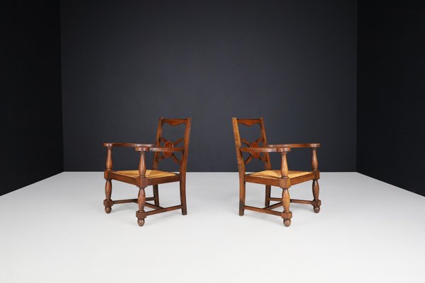 French Art Deco Armchairs in Oak and Rush, 1930s, Set of 2-TRW-1797081