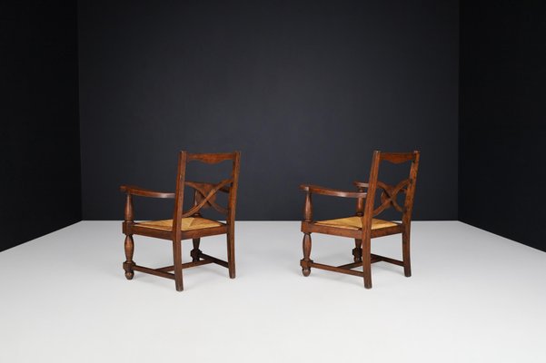 French Art Deco Armchairs in Oak and Rush, 1930s, Set of 2-TRW-1797081