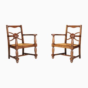 French Art Deco Armchairs in Oak and Rush, 1930s, Set of 2-TRW-1797081