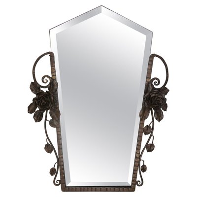 French Art Deco Beveled Wall Mirror with Wrought Iron Frame Roses, 1930s-KEG-1765769