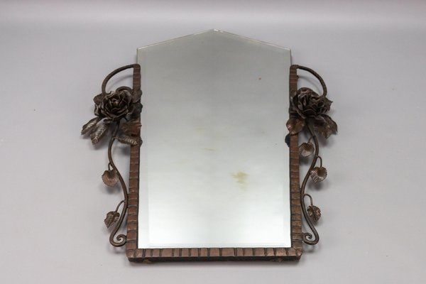 French Art Deco Beveled Wall Mirror with Wrought Iron Frame Roses, 1930s-KEG-1765769