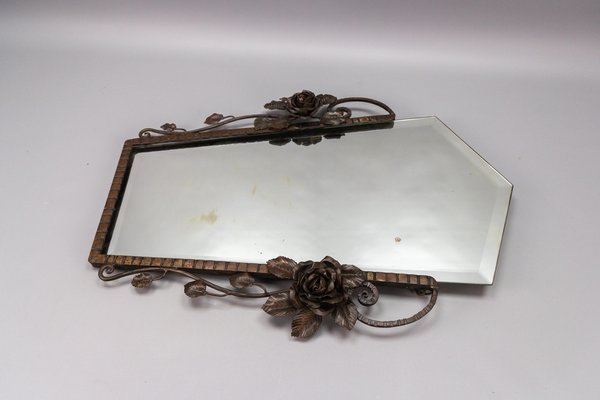 French Art Deco Beveled Wall Mirror with Wrought Iron Frame Roses, 1930s-KEG-1765769