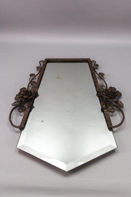 French Art Deco Beveled Wall Mirror with Wrought Iron Frame Roses, 1930s-KEG-1765769