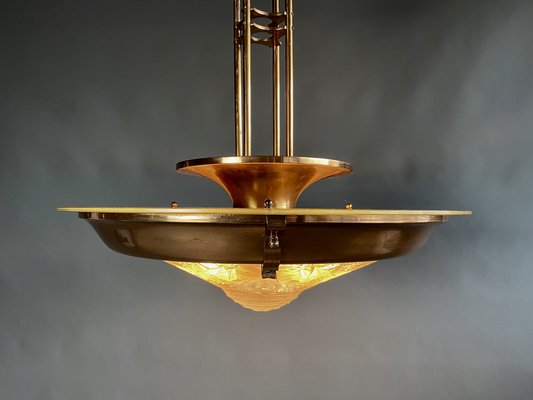 French Art Deco Brass & Glass Lalique Style Pendant Light, 1925-IEI-1396634