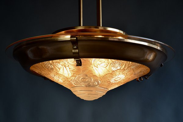 French Art Deco Brass & Glass Lalique Style Pendant Light, 1925-IEI-1396634