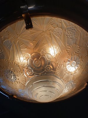 French Art Deco Brass & Glass Lalique Style Pendant Light, 1925-IEI-1396634