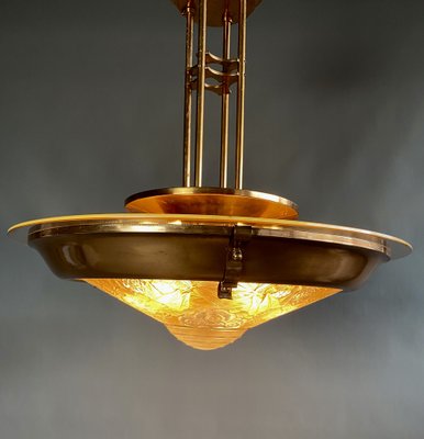 French Art Deco Brass & Glass Lalique Style Pendant Light, 1925-IEI-1396634