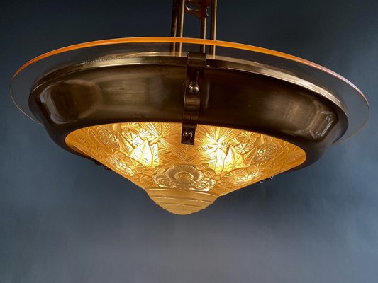 French Art Deco Brass & Glass Lalique Style Pendant Light, 1925-IEI-1396634