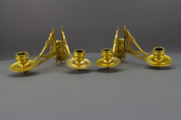 French Art Deco Brass Twin Arm Piano Candlestick Wall Lights by L. Pinet, 1930s, Set of 2-KEG-1717712