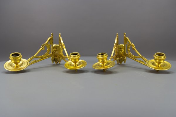 French Art Deco Brass Twin Arm Piano Candlestick Wall Lights by L. Pinet, 1930s, Set of 2-KEG-1717712