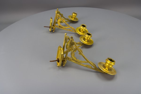 French Art Deco Brass Twin Arm Piano Candlestick Wall Lights by L. Pinet, 1930s, Set of 2-KEG-1717712