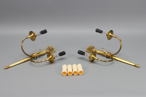 French Art Deco Brass Twin-Arm Sconces, 1930, Set of 2-KEG-1769401