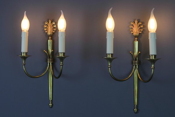 French Art Deco Brass Twin-Arm Sconces, 1930, Set of 2-KEG-1769402