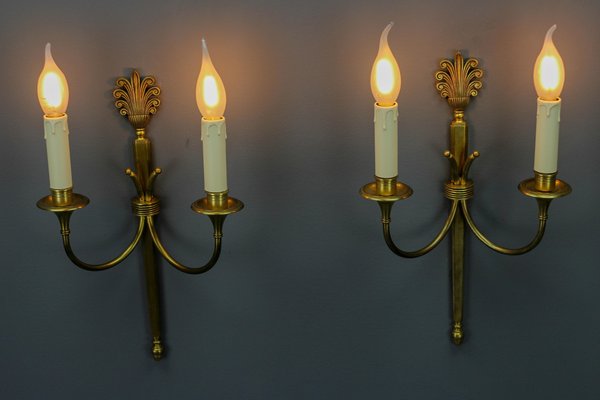 French Art Deco Brass Twin-Arm Sconces, 1930, Set of 2-KEG-1769401