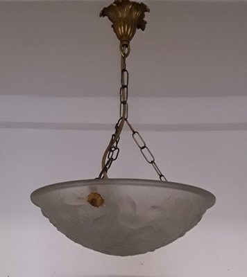 French Art Deco Ceiling Lamp with Brass Mount & Domed Glass Bowl with Floral Motif, 1930s-HOI-1047197