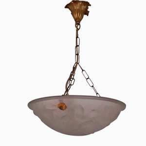 French Art Deco Ceiling Lamp with Brass Mount & Domed Glass Bowl with Floral Motif, 1930s-HOI-1047197