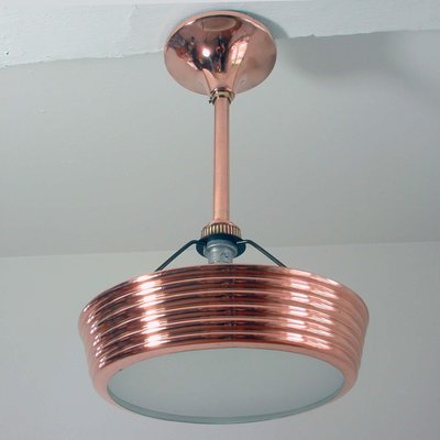 French Art Deco Copper and Satin Glass Flush Mount Pendant, 1930s-OE-897921