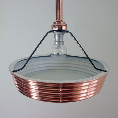 French Art Deco Copper and Satin Glass Flush Mount Pendant, 1930s-OE-897921