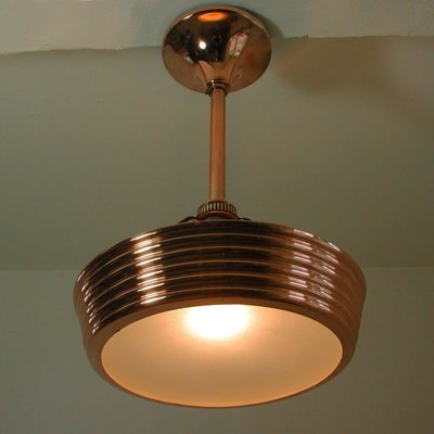 French Art Deco Copper and Satin Glass Flush Mount Pendant, 1930s-OE-897921