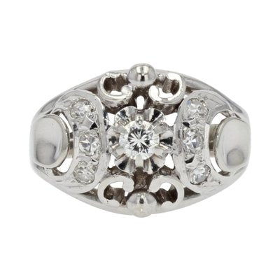 French Art Deco Diamond & 18 Karat White Gold Dome Ring, 1930s-OLU-1118185