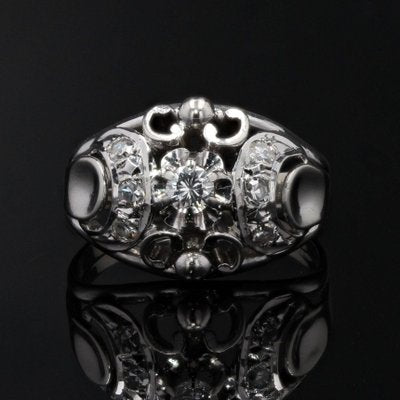 French Art Deco Diamond & 18 Karat White Gold Dome Ring, 1930s-OLU-1118185