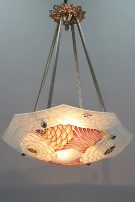 French Art Deco Enameled Floral Glass Two-Light Pendant Lamp from Loys Lucha-KEG-1159444