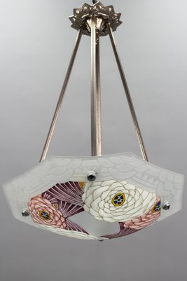 French Art Deco Enameled Floral Glass Two-Light Pendant Lamp from Loys Lucha-KEG-1159444