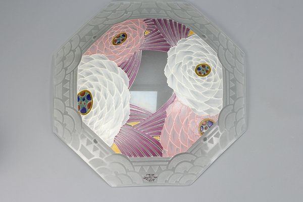 French Art Deco Enameled Floral Glass Two-Light Pendant Lamp from Loys Lucha-KEG-1159444