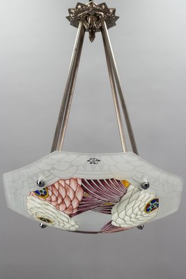 French Art Deco Enameled Floral Glass Two-Light Pendant Lamp from Loys Lucha-KEG-1159444