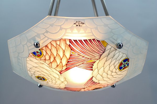 French Art Deco Enameled Floral Glass Two-Light Pendant Lamp from Loys Lucha-KEG-1159444