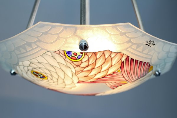 French Art Deco Enameled Floral Glass Two-Light Pendant Lamp from Loys Lucha-KEG-1159444