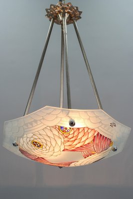 French Art Deco Enameled Floral Glass Two-Light Pendant Lamp from Loys Lucha-KEG-1159444