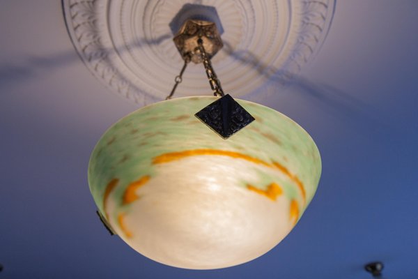 French Art Deco Green Glass Pendant Light by Muller Frères Luneville, 1920s-KEG-1752066