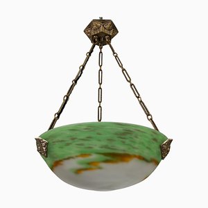 French Art Deco Green Glass Pendant Light by Muller Frères Luneville, 1920s-KEG-1752066