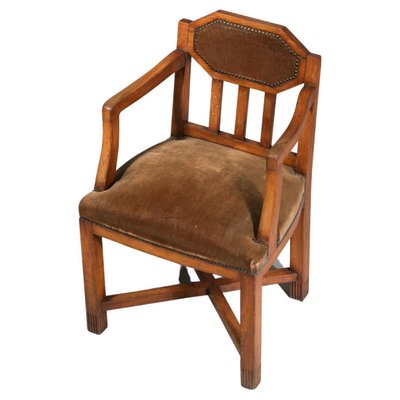 French Art Deco Oak Armchair in Brown Velvet-YU-1312240