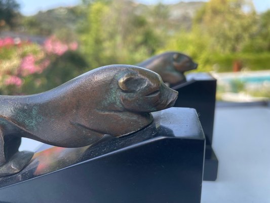 French Art Deco Sea Lions Bookends in Bronze and Marble, 1940-UR-1326509