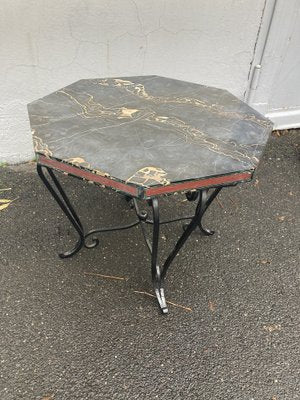 French Art Deco Side Table with Iron Frame & Marble Top, 1920s-XHV-1768608