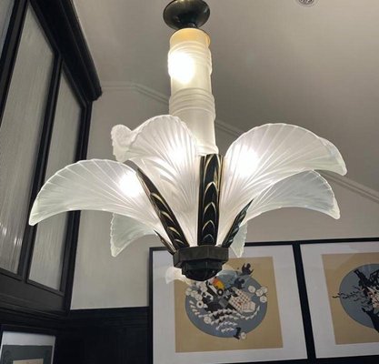 French Art Deco Six Panels Palm and Feather Chandelier, 1920s-LXP-1743043