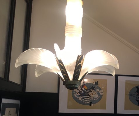 French Art Deco Six Panels Palm and Feather Chandelier, 1920s-LXP-1743043