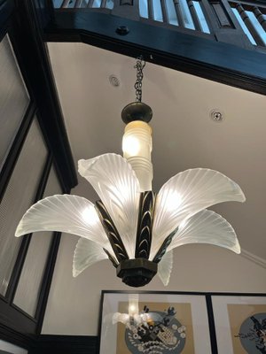 French Art Deco Six Panels Palm and Feather Chandelier, 1920s-LXP-1743043