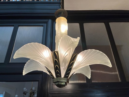 French Art Deco Six Panels Palm and Feather Chandelier, 1920s-LXP-1743043