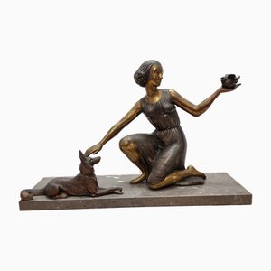 French Art Deco Statue of a Lady with Dog, 1930s-VHW-2034465