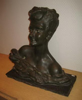 French Art Deco Terracotta Woman Bust Sculpture on Stone Base by B. Patris, 1930s-BA-658725