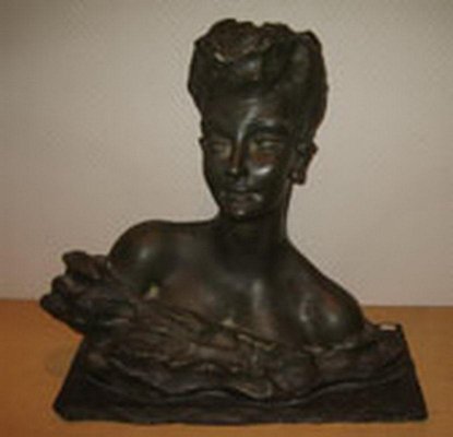 French Art Deco Terracotta Woman Bust Sculpture on Stone Base by B. Patris, 1930s-BA-658725