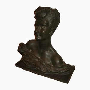 French Art Deco Terracotta Woman Bust Sculpture on Stone Base by B. Patris, 1930s-BA-658725