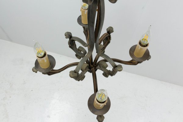 French Art Deco Wrought Iron Acanthus Leaf Chandelier, 1930s-RIU-1142251