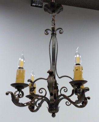 French Art Deco Wrought Iron Acanthus Leaf Chandelier, 1930s-RIU-1142251